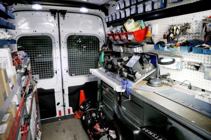 Inside of a fully stocked mobile locksmith service van